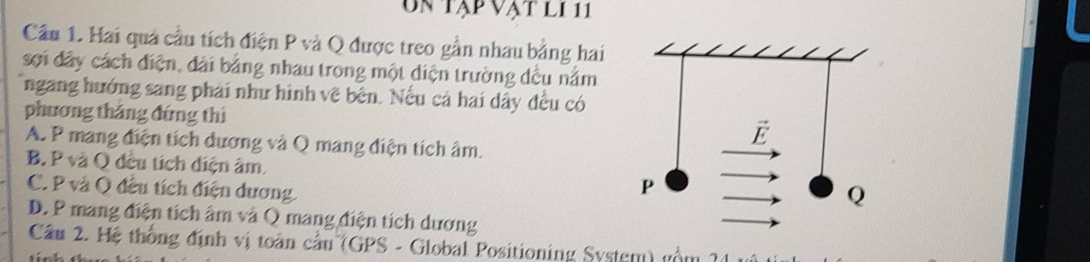 Un tạp vật lI 11
Câu 1. Hai quả cầu tích điện P và Q được treo gần nhau bằng hai
sợi dây cách điện, dài bằng nhau trong một diện trường đều nằm
ngang hướng sang phải như hinh vẽ bên. Nếu cả hai dây đều có
phương tháng đứng thí
A. P mang điện tích dương và Q mang điện tích âm.
B. P và O đều tích diện âm,
C. P và Q đều tích điện dương
D. P mang điện tích âm và Q mang điện tích dương
Cầu 2. Hệ thống định vị toàn cầu (GPS - Global Positioning System) gồm 24