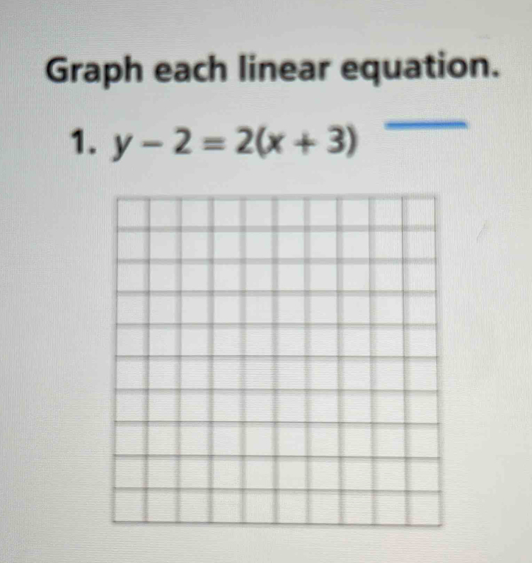 Graph each linear equation. 
1. y-2=2(x+3)