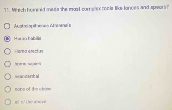 Which hominid made the most complex tools like lances and spears?
Australopithecus Afrarensis
Homo habilis
Homo erectus
homo sapien
neanderthal
none of the above
all of the above