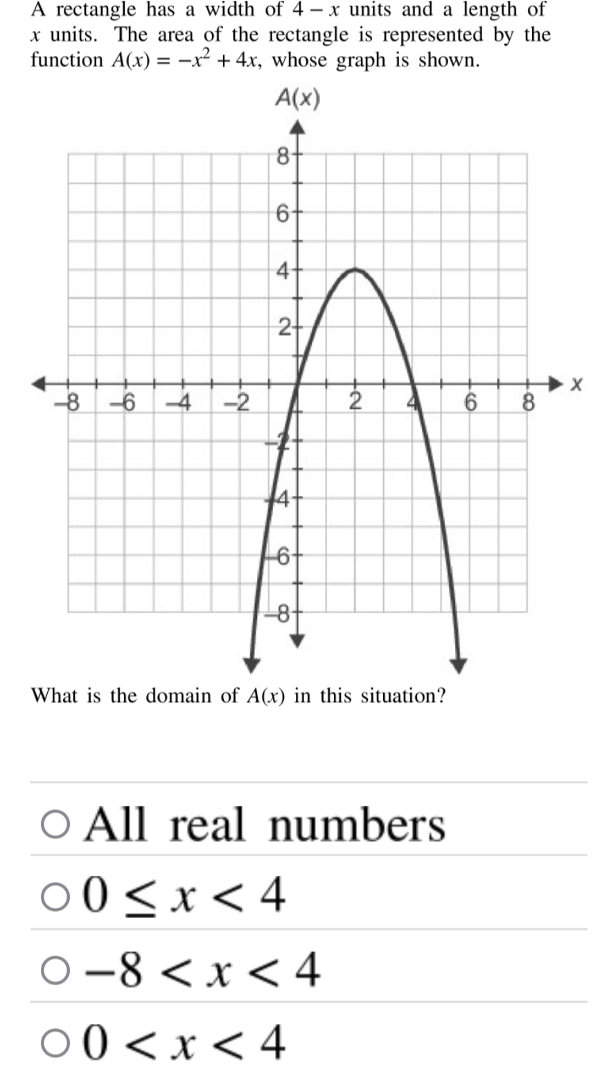 A rectangle has a width of 4 - x units and a length of
x units. The area of the rectangle is represented by the
function A(x)=-x^2+4x , whose graph is shown.
x
What is the domain of A(x) in this situation?
All real numbers
0≤ x<4</tex>
-8
0