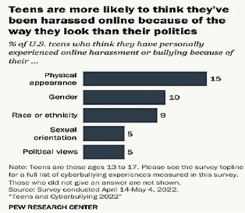 Teens are more likely to think they've 
been harassed online because of the 
way they look than their politics
% of U.S. teens who think they have personally 
experienced online harassment or bullying because of 
their ... 
Physical
15
appearance 
Gender 10
Race or ethnicity 9
Sexual 
orientation
5
Political views 5
Note: Teens are those ages 13 to 17. Please see the survcy topline 
for a full list of cyberbullying experiences measured in this survey. 
Those who did not give an answer are not shown, 
Source: Survey conducted April 14-May 4, 2022. 
''Teens and Cyberbullying 2022'' 
PEW RESEARCH CENTER