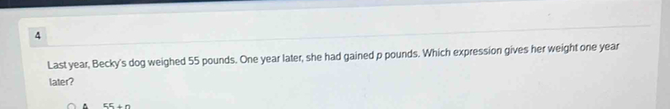 Last year, Becky's dog weighed 55 pounds. One year later, she had gained p pounds. Which expression gives her weight one year
later?
55+n