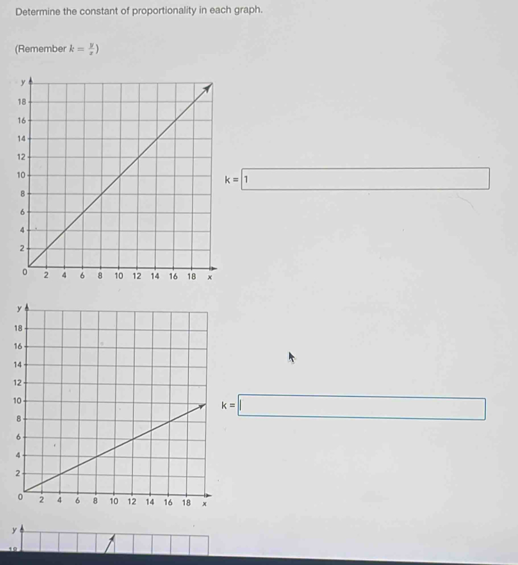 Determine the constant of proportionality in each graph. 
(Remember k= y/x )
k=□ 1
k=□
y
19