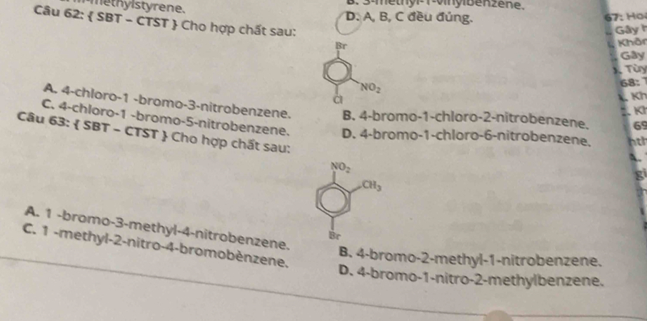 3 -methyl -1 -vinylbenzene.
methy l styrene. D. A, B, C đều đúng.
6 o 
Câu 62:  SBT - CTST  Cho hợp chất sau:
Gây 
Br
Khôn
Gây
1. Tùy
NO_2 
68:
1. Kh
a Kl
A. 4 -chloro- 1 -bromo- 3 -nitrobenzene. B. 4 -bromo- 1 -chloro -2 -nitrobenzene. 69
C. 4 -chloro- 1 -bromo- 5 -nitrobenzene. D. 4 -bromo- 1 -chloro- 6 -nitrobenzene. 1th
Câu 63:  SBT - CTST  Cho hợp chất sau:
A.
NO_2 
gi
CH_3
A. 1 -bromo -3 -methyl -4 -nitrobenzene.
Br
C. 1 -methyl -2 -nitro -4 -bromobènzene.
B. 4 -bromo- 2 -methyl- 1 -nitrobenzene.
D. 4 -bromo- 1 -nitro- 2 -methylbenzene.