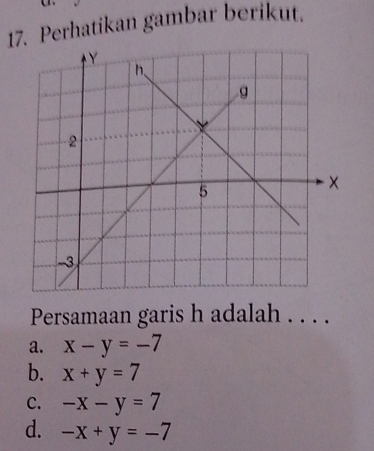 Perhatikan gambar berikut.
Persamaan garis h adalah . . . .
a. x-y=-7
b. x+y=7
C. -x-y=7
d. -x+y=-7