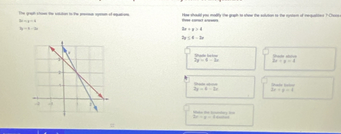 The graph shows the sitution ito the presssus system of equations. thre comect answers How should you modify the graph to show the solution to the systsm of inequstities ? Chors
2x-1y=4
2y=1-2x
2x+y>4
2y≤ 6-2x
Shaze below
2x=0-2x 2x+y=4
Seade tsbue
2x=0-2x 3x+y=4
==Make the tountery ===
2x-y=44sin x
