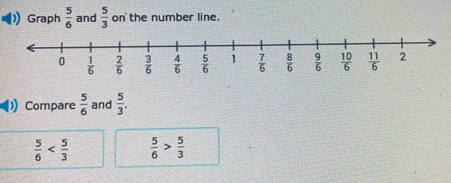 Graph  5/6  and  5/3  on the number line.
Compare  5/6  and  5/3 .
 5/6 
 5/6 > 5/3 