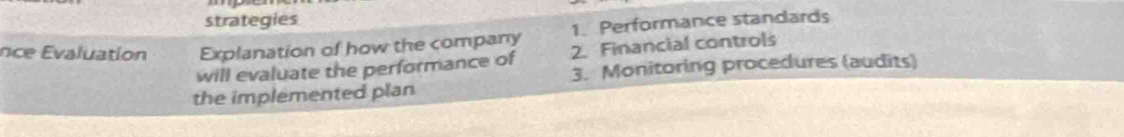 strategies 
nce valuation Explanation of how the company 1. Performance standards 
will evaluate the performance of 2. Financial controls 
3. Monitoring procedures (audits) 
the implemented plan