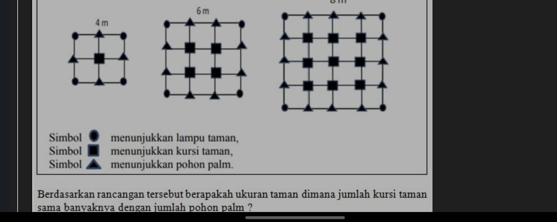 4 m
Simbol menunjukkan lampu taman, 
Simbol menunjukkan kursi taman, 
Simbol menunjukkan pohon palm. 
Berdasarkan rancangan tersebut berapakah ukuran taman dimana jumlah kursi taman 
sama banyaknya dengan jumlah pohon palm ?