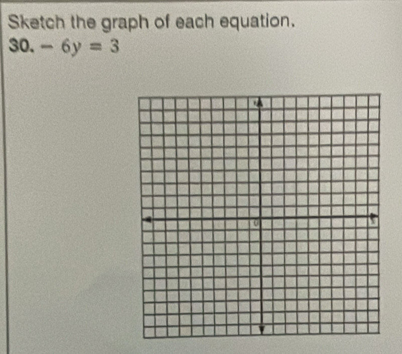 Sketch the graph of each equation. 
30. -6y=3