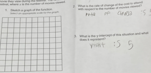 novie they view during the festval. Te 
estival, where x is the number of movies viewed. 
1. Sketch a graph of the function. 2. What is the rate of change of the cost to attend 
Select an appropriate scale for the graph. with respect to the number of movies viewed? 
3. What is the y-intercept of this situation and what 
does it represent?