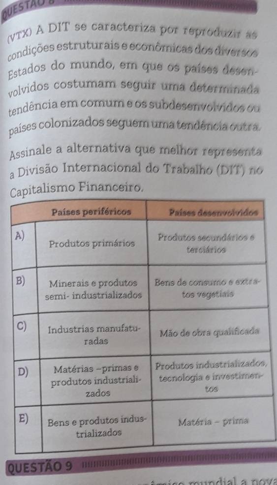 QUESTAUL 
(VTX) A DIT se caracteriza por reproduzir as 
condições estruturais e econômicas dos diversos 
Estados do mundo, em que os países desen- 
volvidos costumam seguir uma determinada 
tendência em comum e os subdesenvolvidos ou 
países colonizados seguem uma tendência outra. 
Assinale a alternativa que melhor representa 
a Divisão Internacional do Trabalho (DIT) no 
Calismo Financeiro. 
s, 
- 
Questão 9