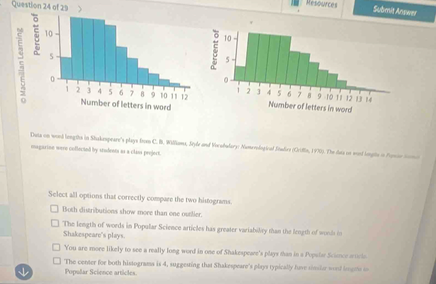 Resources Submit Answer

Data on word lengths in Shakespeare's plays from C. B. Williams, Style and Vocabulary: Numerological Studies (Griffin, 1970). The data on worl lengts in Popie Sams
magazine were collected by students as a class project.
Select all options that correctly compare the two histograms.
Both distributions show more than one outlier.
The length of words in Popular Science articles has greater variability than the length of words in
Shakespeare's plays.
You are more likely to see a really long word in one of Shakespeare's plays than in a Popular Science article.
The center for both histograms is 4, suggesting that Shakespeare’s plays typically have similar word lengths to
↓ Popular Science articles.