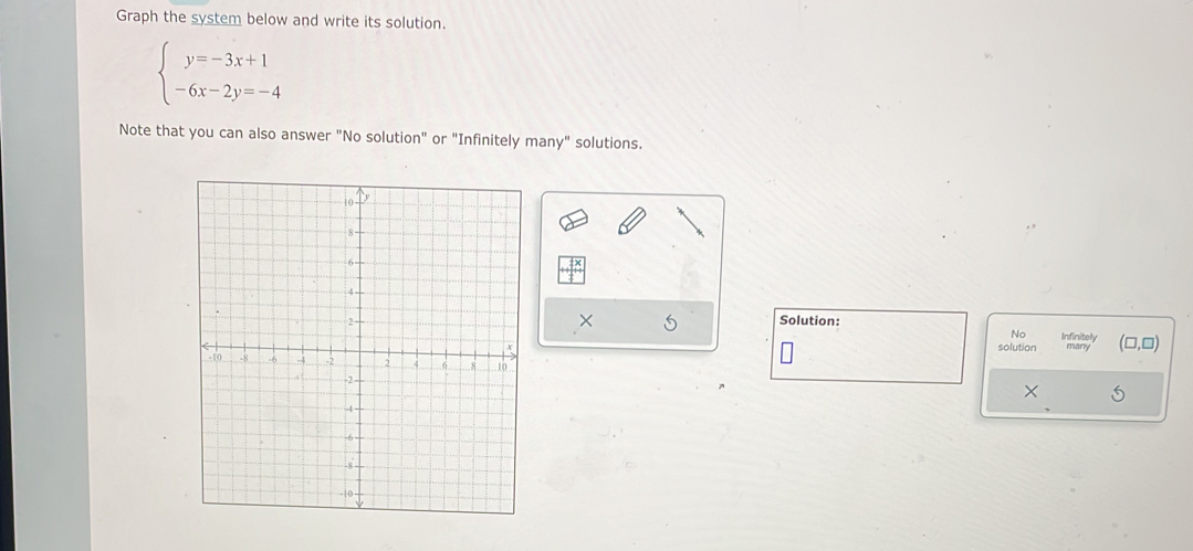 Graph the system below and write its solution.
beginarrayl y=-3x+1 -6x-2y=-4endarray.
Note that you can also answer "No solution" or "Infinitely many" solutions.
× 5 Solution:
No Infinitely
solution (□ ,□ )
×