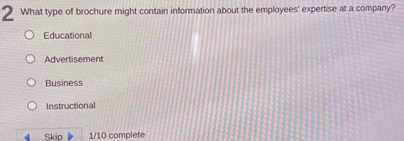 Solved: What type of brochure might contain information about the ...