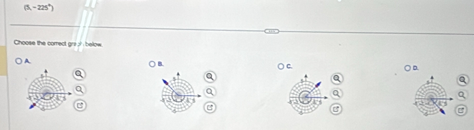 (5,-225°)
Choose the correct graph below. 
A 
B. 
C. 
D. 
C 
C