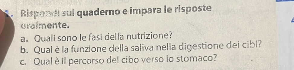 Rispondi suí quaderno e impara le risposte 
oralmente. 
a. Quali sono le fasi della nutrizione? 
b. Qual è la funzione della saliva nella digestione dei cibi? 
c. Qual è il percorso del cibo verso lo stomaco?