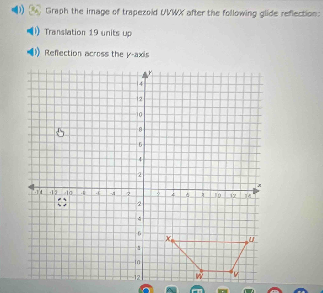 Graph the image of trapezoid UVWX after the following glide reflection: 
Translation 19 units up 
Reflection across the y-axis