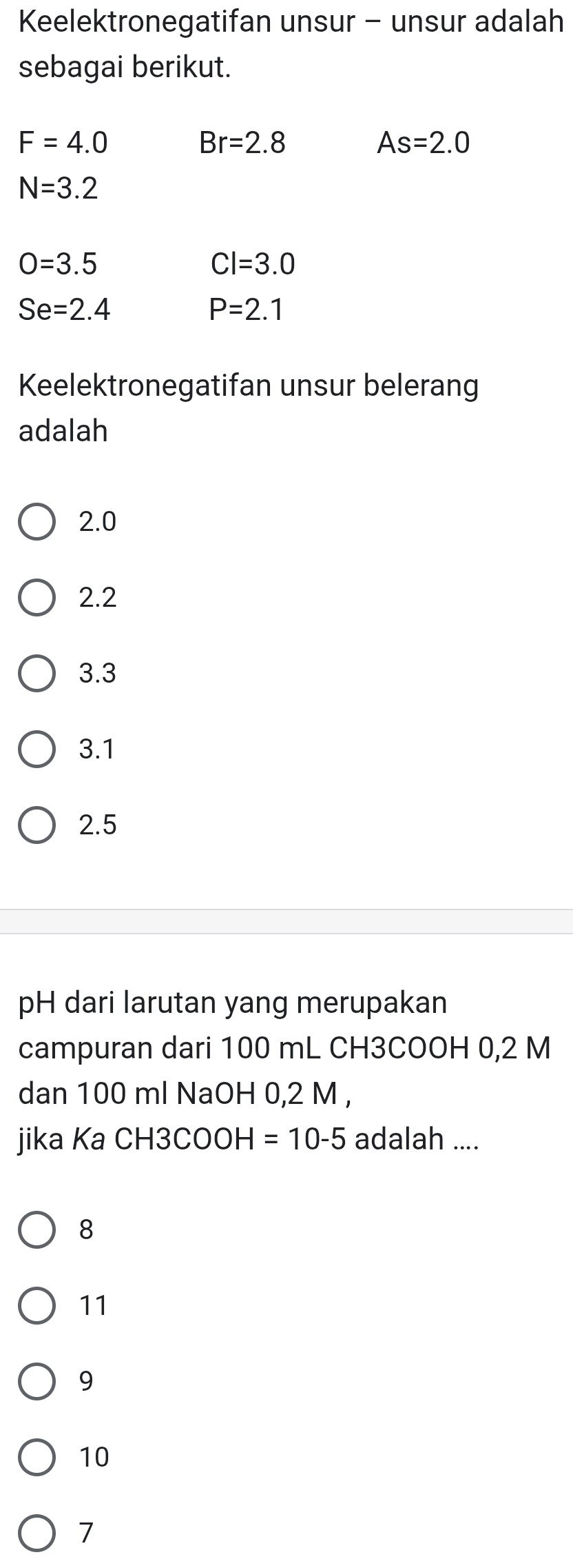 Keelektronegatifan unsur - unsur adalah
sebagai berikut.
F=4.0
Br=2.8
As=2.0
N=3.2
O=3.5
CI=3.0
Se=2.4
P=2.1
Keelektronegatifan unsur belerang
adalah
2.0
2.2
3.3
3.1
2.5
pH dari larutan yang merupakan
campuran dari 100 mL CH3COOH 0,2 M
dan 100 ml NaOH 0,2 M ,
jika Ka CH3COOH =10-5 adalah ....
8
11
9
10
7