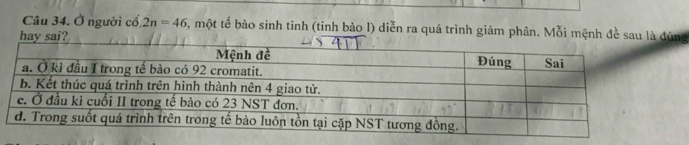 Ở người cổ, 2n=46 5, một tế bào sinh tinh (tinh bào l) diễn ra quá trình giảm phân. Mỗi mệnh dề sau là dg