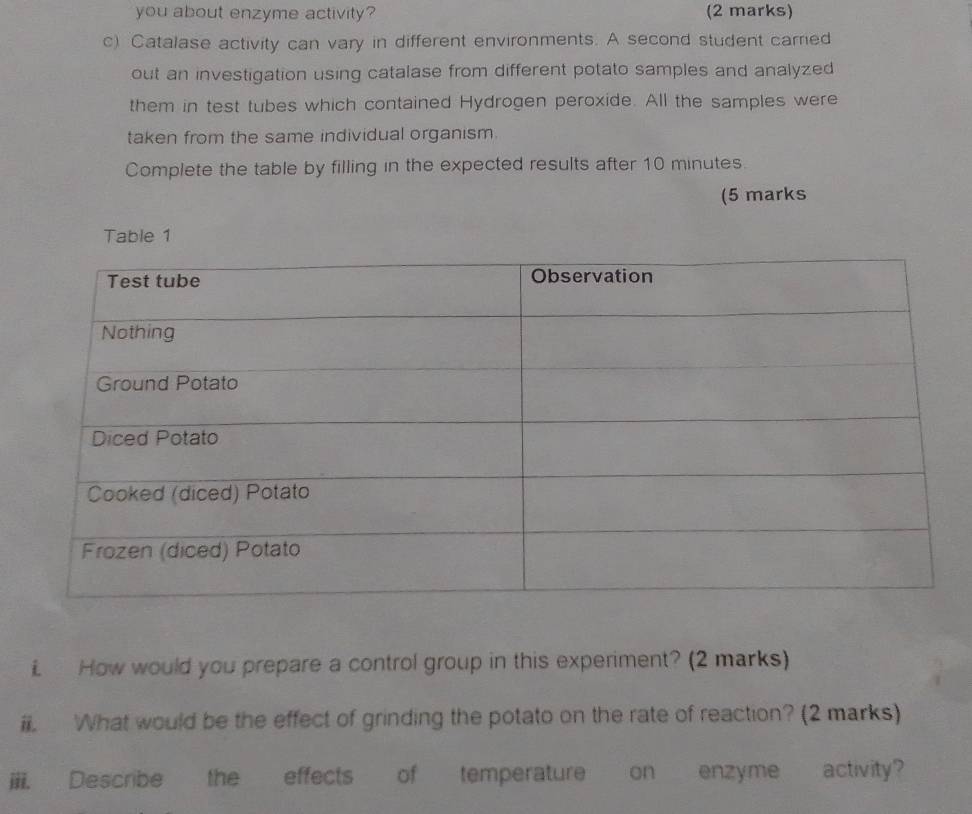 you about enzyme activity? (2 marks) 
c) Catalase activity can vary in different environments. A second student carried 
out an investigation using catalase from different potato samples and analyzed 
them in test tubes which contained Hydrogen peroxide. All the samples were 
taken from the same individual organism. 
Complete the table by filling in the expected results after 10 minutes. 
(5 marks 
Table 1 
i How would you prepare a control group in this experiment? (2 marks) 
i. What would be the effect of grinding the potato on the rate of reaction? (2 marks) 
iii. Describe the effects of temperature on enzyme activity?