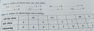 Diền số thích hợp vào chỗ chấm
12 2 _ -6 _: 4-6 36 : _ =4 _ 3-6
_;3=9 72 :_ -9 _ 5=7 56 _ =8
iễn số thích hợp vào ô trống