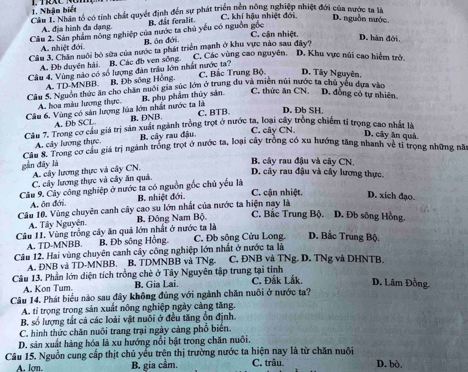 Nhận biết
Câu 1. Nhân tố có tính chất quyết định đến sự phát triển nền nông nghiệp nhiệt đới của nước ta là
A. địa hình đa dạng. B. đất feralit.
C. khí hậu nhiệt đới. D. nguồn nước.
Câu 2. Sản phầm nông nghiệp của nước ta chủ yếu có nguồn gốc
C. cận nhiệt. D. hàn đới.
A. nhiệt đới. B. ôn đới.
Câu 3. Chăn nuôi bò sữa của nước ta phát triển mạnh ở khu vực nào sau đây?
A. Đb duyên hải. B. Các đb ven sông. C. Các vùng cao nguyên. D. Khu vực núi cao hiểm trở.
Câu 4. Vùng nào có số lượng đàn trâu lớn nhất nước ta?
A. TD-MNBB. B. Đb sông Hồng. C. Bắc Trung Bộ. D. Tây Nguyên.
Câu 5. Nguồn thức ăn cho chăn nuôi gia súc lớn ở trung du và miền núi nước ta chủ yếu dựa vào
A. hoa màu lương thực. B. phụ phẩm thủy sản. C. thức ăn CN. D. đồng cỏ tự nhiên.
D. Đb SH.
Câu 6. Vùng có sản lượng lúa lớn nhất nước ta là
A. Đb SCL. B. ĐNB. C. BTB.
Câu 7. Trong cơ cầu giá trị sản xuất ngành trồng trọt ở nước ta, loại cây trồng chiếm tỉ trọng cao nhất là
A. cây lương thực. B. cây rau đậu.
C. cây CN.
D. cây ăn quả.
Câu 8. Trong cơ cầu giá trị ngành trồng trọt ở nước ta, loại cây trồng có xu hướng tăng nhanh về tỉ trọng những năy
gần đây là
B. cây rau đậu và cây CN.
A. cây lương thực và cây CN.
D. cây rau đậu và cây lương thực.
C. cây lương thực và cây ăn quả.
Câu 9. Cây công nghiệp ở nước ta có nguồn gốc chủ yếu là
A. ôn đới. B. nhiệt đới.
C. cận nhiệt. D. xích đạo.
Câu 10. Vùng chuyên canh cây cao su lớn nhất của nước ta hiện nay là
A. Tây Nguyên. B. Đông Nam Bộ. C. Bắc Trung Bộ. D. Đb sông Hồng.
Câu 11. Vùng trồng cây ăn quả lớn nhất ở nước ta là
A. TD-MNBB. B. Đb sông Hồng. C. Đb sông Cửu Long. D. Bắc Trung Bộ.
Câu 12. Hai vùng chuyên canh cây công nghiệp lớn nhất ở nước ta là
A. ĐNB và TD-MNBB. B. TDMNBB và TNg. C. ĐNB và TNg. D. TNg và DHNTB.
Câu 13. Phần lớn diện tích trồng chè ở Tây Nguyên tập trung tại tỉnh
A. Kon Tum. B. Gia Lai. C. Đắk Lắk.
D. Lâm Đồng.
Câu 14. Phát biểu nào sau đây không đúng với ngành chăn nuôi ở nước ta?
A. ti trọng trong sản xuất nông nghiệp ngày càng tăng.
B. số lượng tất cả các loài vật nuôi ở đều tăng ổn định.
C. hình thức chăn nuôi trang trại ngày càng phổ biển.
D. sản xuất hàng hóa là xu hướng nổi bật trong chăn nuôi.
Câu 15. Nguồn cung cấp thịt chủ yếu trên thị trường nước ta hiện nay là từ chăn nuôi
C. trâu.
A. lợn. B. gia cầm. D. bò.