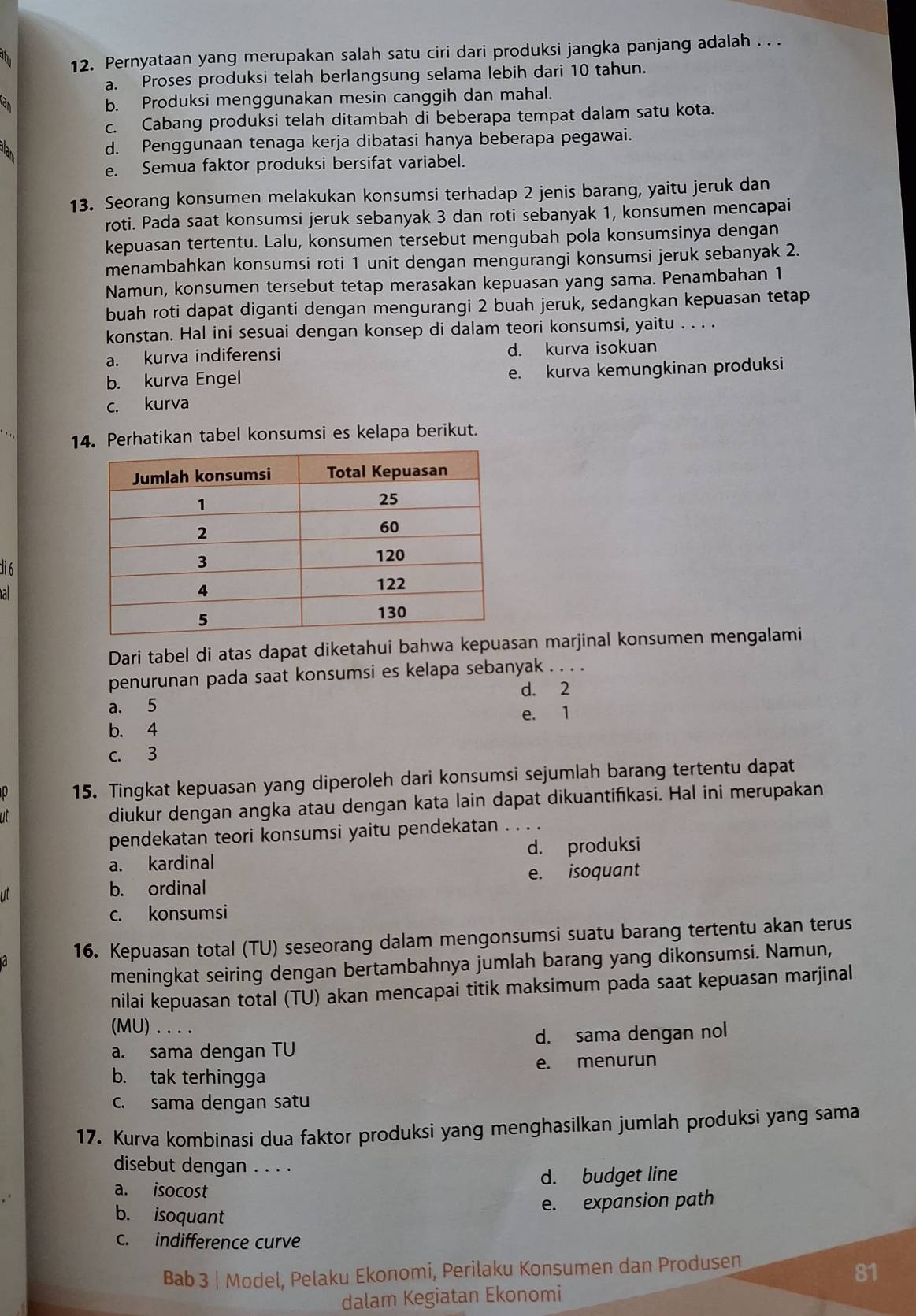 Pernyataan yang merupakan salah satu ciri dari produksi jangka panjang adalah . . .
a. Proses produksi telah berlangsung selama lebih dari 10 tahun.
an
b. Produksi menggunakan mesin canggih dan mahal.
c. Cabang produksi telah ditambah di beberapa tempat dalam satu kota.
d. Penggunaan tenaga kerja dibatasi hanya beberapa pegawai.
e. Semua faktor produksi bersifat variabel.
13. Seorang konsumen melakukan konsumsi terhadap 2 jenis barang, yaitu jeruk dan
roti. Pada saat konsumsi jeruk sebanyak 3 dan roti sebanyak 1, konsumen mencapai
kepuasan tertentu. Lalu, konsumen tersebut mengubah pola konsumsinya dengan
menambahkan konsumsi roti 1 unit dengan mengurangi konsumsi jeruk sebanyak 2.
Namun, konsumen tersebut tetap merasakan kepuasan yang sama. Penambahan 1
buah roti dapat diganti dengan mengurangi 2 buah jeruk, sedangkan kepuasan tetap
konstan. Hal ini sesuai dengan konsep di dalam teori konsumsi, yaitu . . . .
a. kurva indiferensi d. kurva isokuan
b. kurva Engel e. kurva kemungkinan produksi
c. kurva
14. Perhatikan tabel konsumsi es kelapa berikut.
di 6
Dari tabel di atas dapat diketahui bahwa kepuasan marjinal konsumen mengalami
penurunan pada saat konsumsi es kelapa sebanyak . . . .
d. 2
a. 5
b. 4 e. 1
c. 3
15. Tingkat kepuasan yang diperoleh dari konsumsi sejumlah barang tertentu dapat
ut
diukur dengan angka atau dengan kata lain dapat dikuantifkasi. Hal ini merupakan
pendekatan teori konsumsi yaitu pendekatan . . . .
a. kardinal d. produksi
b. ordinal e. isoquant
c. konsumsi
16. Kepuasan total (TU) seseorang dalam mengonsumsi suatu barang tertentu akan terus
meningkat seiring dengan bertambahnya jumlah barang yang dikonsumsi. Namun,
nilai kepuasan total (TU) akan mencapai titik maksimum pada saat kepuasan marjinal
(MU) . . . .
a. sama dengan TU d. sama dengan nol
b. tak terhingga e. menurun
c. sama dengan satu
17. Kurva kombinasi dua faktor produksi yang menghasilkan jumlah produksi yang sama
disebut dengan . . . .
a. isocost d. budget line
e. expansion path
b. isoquant
c. indifference curve
Bab 3 | Model, Pelaku Ekonomi, Perilaku Konsumen dan Produsen
81
dalam Kegiatan Ekonomi