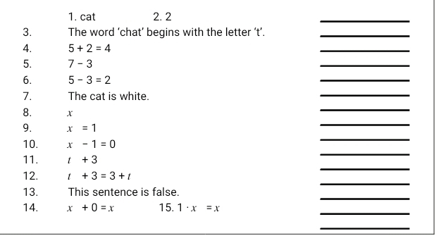 cat 2. 2 
_ 
3. The word ‘chat’ begins with the letter ‘t’._ 
4. 5+2=4
_ 
5. 7-3
_ 
6. 5-3=2
_ 
7. The cat is white. 
_ 
8. x
_ 
9. x=1
_ 
_ 
10. x-1=0
_ 
_ 
11. t+3
_ 
12. t+3=3+t
_ 
13. This sentence is false. 
_ 
14. x+0=x 15. 1· x=x
_