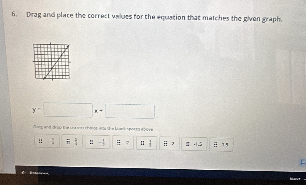 Drag and place the correct values for the equation that matches the given graph.
y=□ x+□
Drag and drop the correct choice into the blank spaces above
- 3/4   3/4  :; - 4/3  -2  4/3  2 -1.5; 1.5
Previous Noxt