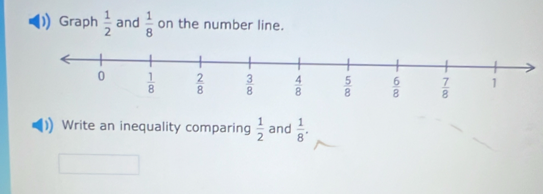 Graph  1/2  and  1/8  on the number line.
Write an inequality comparing  1/2  and  1/8 .