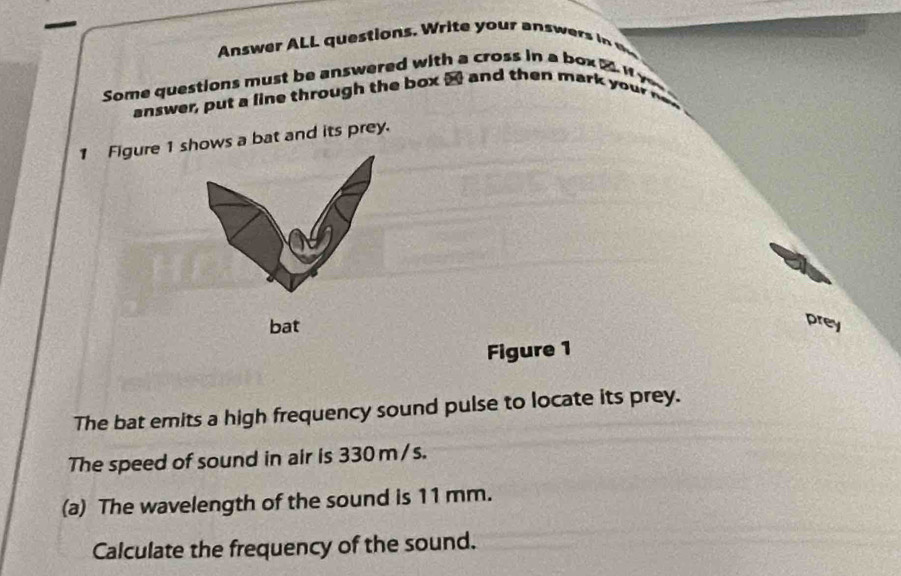 Answe L qustions. Wri ou a w 
Some questions must be answered with a cross in a box t y 
answer, put a line through the box a and then mark you 
1 Figure 1 shows a bat and its prey. 
prey 
Figure 1 
The bat emits a high frequency sound pulse to locate its prey. 
The speed of sound in air is 330 m /s. 
(a) The wavelength of the sound is 11 mm. 
Calculate the frequency of the sound.