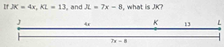 If JK=4x,KL=13 ,and JL=7x-8 , what is JK?
L