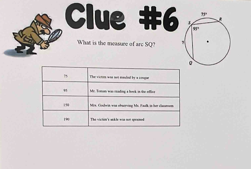 Clue #6
What is the measure of arc SQ?