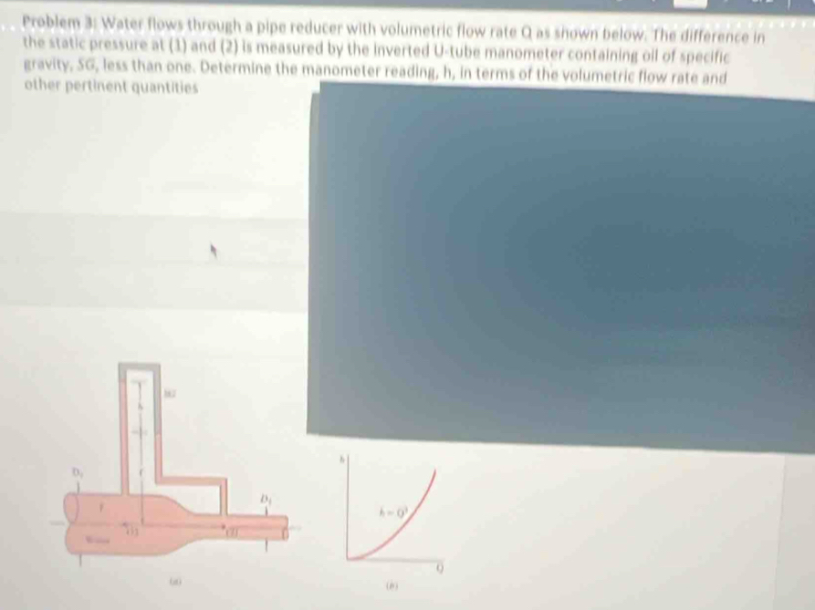 Problem 3: Water flows through a pipe reducer with volumetric flow rate Q as shown below. The difference in
the static pressure at (1) and (2) is measured by the inverted U-tube manometer containing oil of specific
gravity, SG, less than one. Determine the manometer reading, h, in terms of the volumetric flow rate and
other pertinent quantities