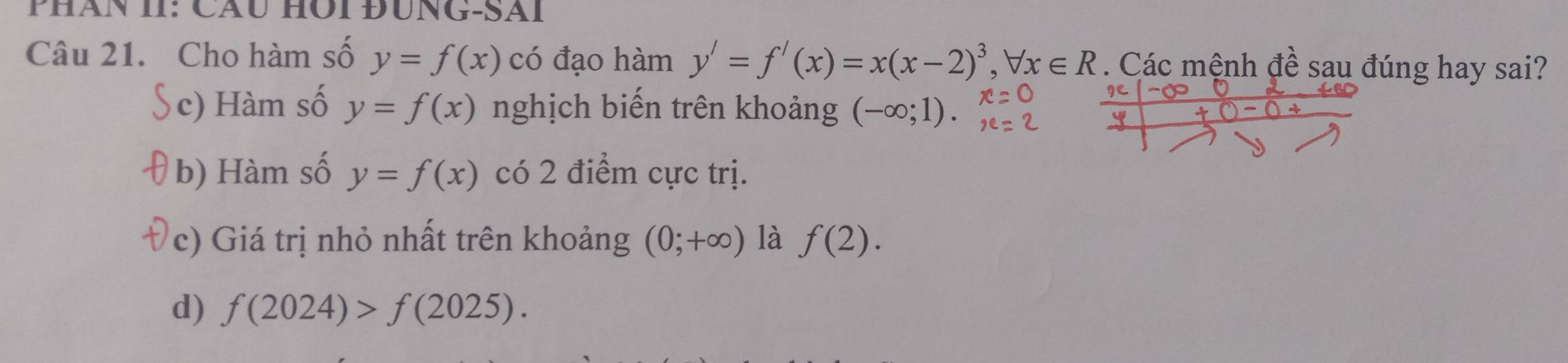 Phán II: Cáu HÔi ĐunG-Sãi
Câu 21. Cho hàm số y=f(x) có đạo hàm y'=f'(x)=x(x-2)^3, forall x∈ R. Các mệnh đề sau đúng hay sai?
c) Hàm số y=f(x) nghịch biến trên khoảng (-∈fty ;1).
b) Hàm số y=f(x) có 2 điểm cực trị.
c) Giá trị nhỏ nhất trên khoảng (0;+∈fty ) là f(2).
d) f(2024)>f(2025).