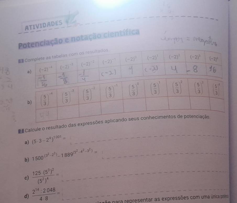 ATIVIDADES
Potenciação e notação científica
Calcule o resultado das e
a) (5· 3-2^4)^1001=
_
b) 1500^((3^2)-2^3)-1889^((5^2)-4^2-3^2)= _
_
c) frac 125· (5^3)^2(5^2)^4= _
d)  2^(14):2048/4· 8 = _
_
_
o para representar as expressões com uma única polêria