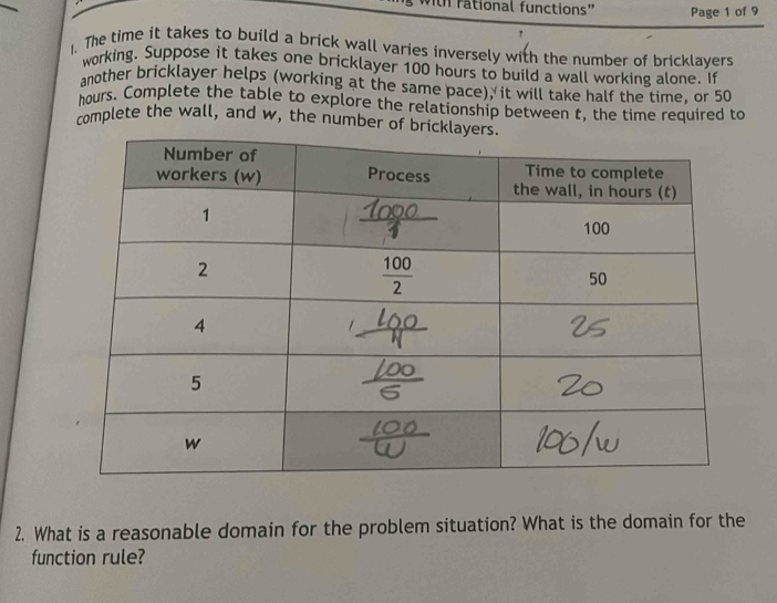 with rational functions'' Page 1 of 9
1. The time it takes to build a brick wall varies inversely with the number of bricklayers
working. Suppose it takes one bricklayer 100 hours to build a wall working alone. If
another bricklayer helps (working at the same pace), it will take half the time, or 50
hours. Complete the table to explore the relationship between t, the time required to
complete the wall, and w, the number of brickla
2. What is a reasonable domain for the problem situation? What is the domain for the
function rule?