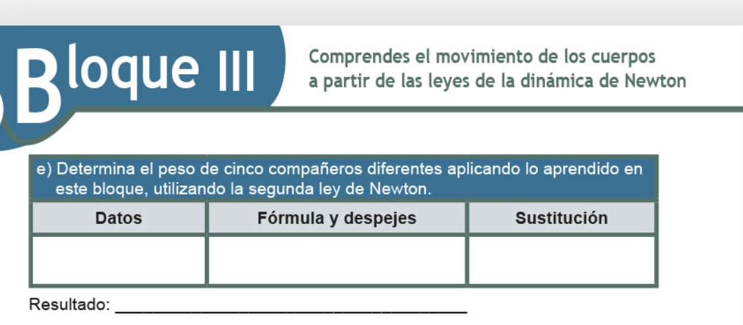 Comprendes el movimiento de los cuerpos 
Bloqu le Ⅲ|| a partir de las leyes de la dinámica de Newton 
Resultado:_