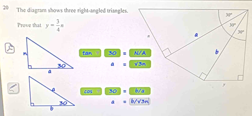 Solved: The diagram shows three right-angled triangles. Prove that y= 3 ...