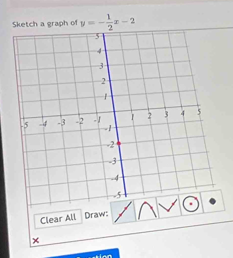 Sketch a graph of y=- 1/2 x-2
Clear All Draw: 
× 
ian