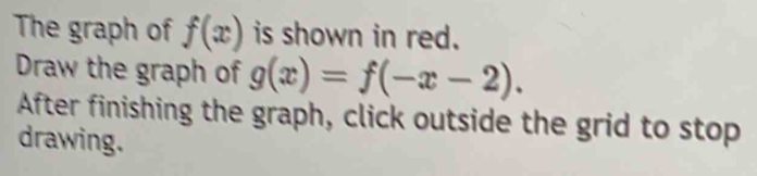 The graph of f(x) is shown in red.
Draw the graph of g(x)=f(-x-2). 
After finishing the graph, click outside the grid to stop
drawing.