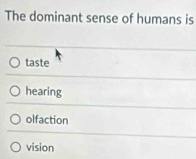 The dominant sense of humans is
taste
hearing
olfaction
vision