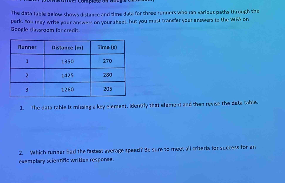 MATIVE: Complété on Googie dla 
The data table below shows distance and time data for three runners who ran various paths through the 
park. You may write your answers on your sheet, but you must transfer your answers to the WFA on 
Google classroom for credit. 
1. The data table is missing a key element. Identify that element and then revise the data table. 
2. Which runner had the fastest average speed? Be sure to meet all criteria for success for an 
exemplary scientific written response.