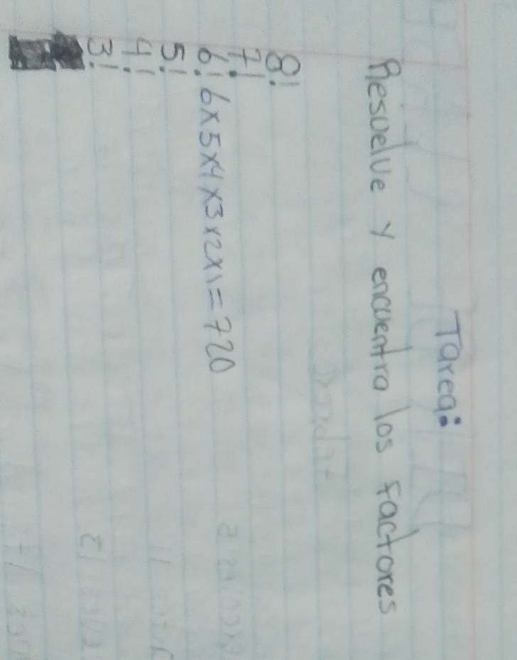 Tarea:
Besvelve y encuentro los factores
8!
6! 6* 5* 4* 3* 2* 1=720
5!
4!
3!