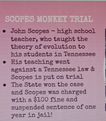 SCOPES MONKEY TRIAL 
John Scopes - high school 
teacher, who taught the 
theory of evolution to 
his students in Tennessee 
His teaching went 
against a Tennessee law & 
Scopes is put on trial 
The State won the case 
and Scopes was charged 
with a $100 fine and 
suspended sentence of one 
year in jail!