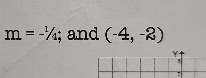 m=-^1/_4; and (-4,-2)
Y
B
7