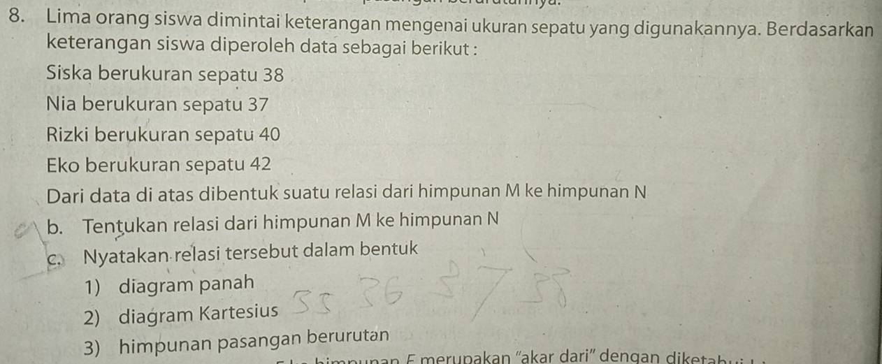 Lima orang siswa dimintai keterangan mengenai ukuran sepatu yang digunakannya. Berdasarkan 
keterangan siswa diperoleh data sebagai berikut : 
Siska berukuran sepatu 38
Nia berukuran sepatu 37
Rizki berukuran sepatu 40
Eko berukuran sepatu 42
Dari data di atas dibentuk suatu relasi dari himpunan M ke himpunan N
b. Tentukan relasi dari himpunan M ke himpunan N
c. Nyatakan relasi tersebut dalam bentuk 
1) diagram panah 
2) diagram Kartesius 
3) himpunan pasangan berurutan