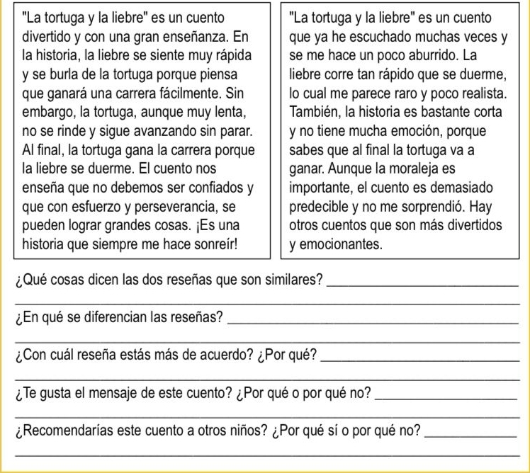 ''La tortuga y la liebre' es un cuento "La tortuga y la liebre" es un cuento 
divertido y con una gran enseñanza. En que ya he escuchado muchas veces y 
la historia, la liebre se siente muy rápida se me hace un poco aburrido. La 
y se burla de la tortuga porque piensa liebre corre tan rápido que se duerme, 
que ganará una carrera fácilmente. Sin lo cual me parece raro y poco realista. 
embargo, la tortuga, aunque muy lenta, También, la historia es bastante corta 
no se rinde y sigue avanzando sin parar. y no tiene mucha emoción, porque 
Al final, la tortuga gana la carrera porque sabes que al final la tortuga va a 
la liebre se duerme. El cuento nos ganar. Aunque la moraleja es 
enseña que no debemos ser confiados y importante, el cuento es demasiado 
que con esfuerzo y perseverancia, se predecible y no me sorprendió. Hay 
pueden lograr grandes cosas. ¡Es una otros cuentos que son más divertidos 
historia que siempre me hace sonreír! y emocionantes. 
¿Qué cosas dicen las dos reseñas que son similares?_ 
_ 
¿En qué se diferencian las reseñas?_ 
_ 
¿Con cuál reseña estás más de acuerdo? ¿Por qué?_ 
_ 
¿Te gusta el mensaje de este cuento? ¿Por qué o por qué no?_ 
_ 
¿Recomendarías este cuento a otros niños? ¿Por qué sí o por qué no?_ 
_