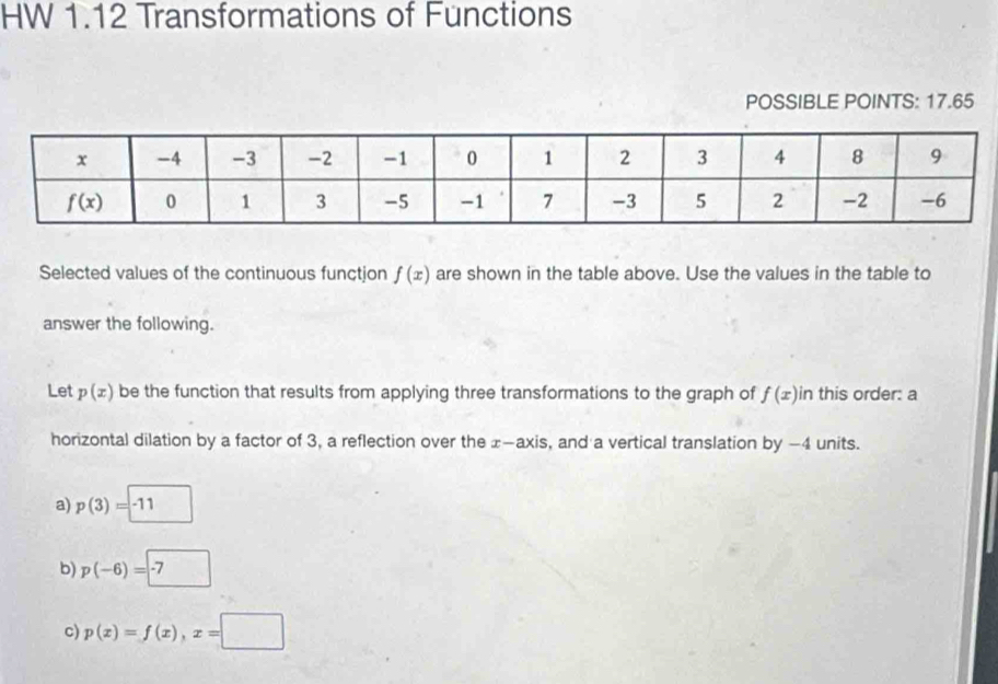 HW 1.12 Transformations of Functions
POSSIBLE POINTS: 17.65
Selected values of the continuous functjon f(x) are shown in the table above. Use the values in the table to
answer the following.
Let p(x) be the function that results from applying three transformations to the graph of f(x) in this order: a
horizontal dilation by a factor of 3, a reflection over the x—axis, and a vertical translation by −4 units.
a) p(3)=□ -11
b) p(-6)=□ -7
c) p(x)=f(x),x=□